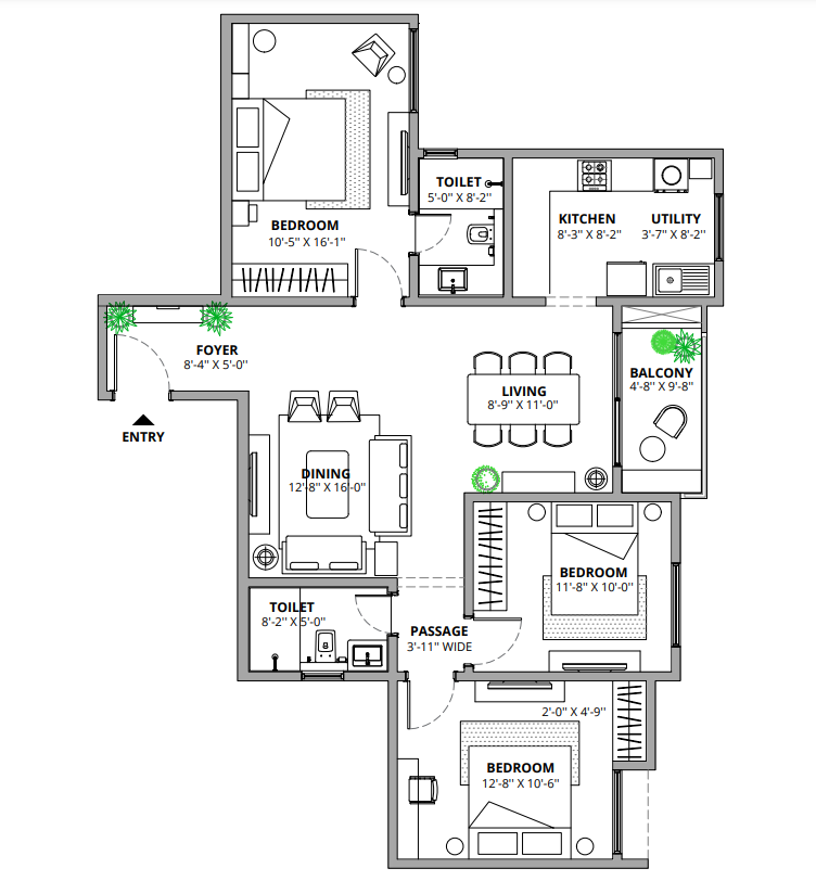 3 BHK (3 BHK + 2T) Layout Plan